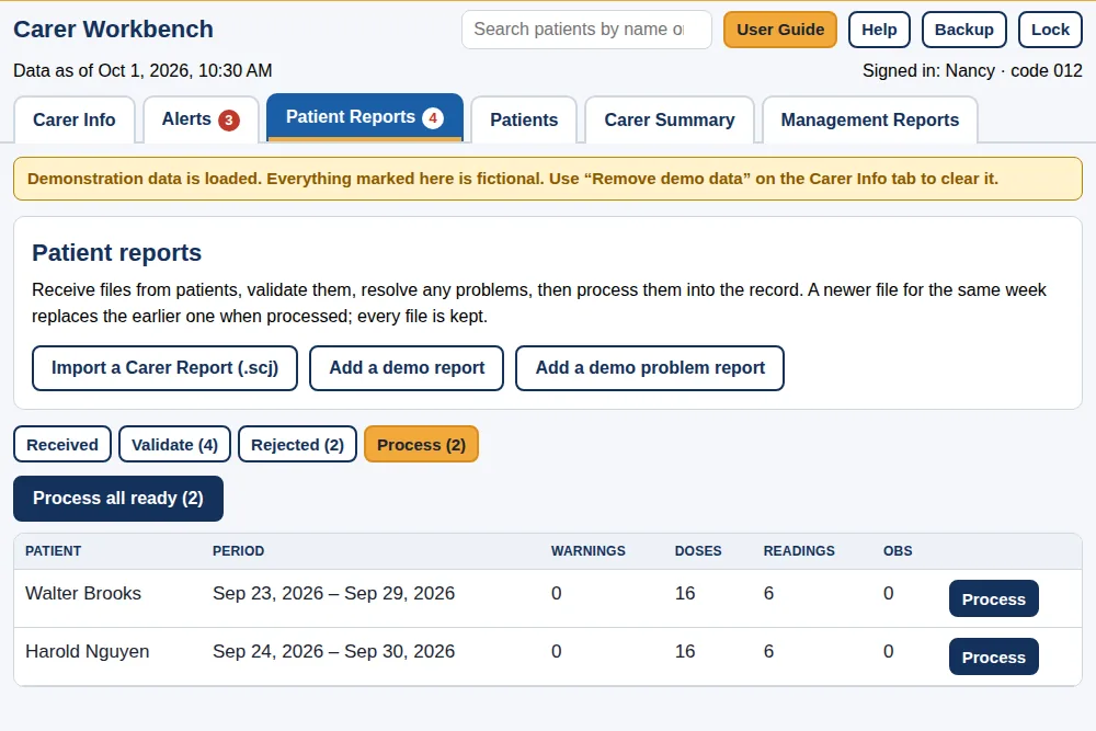 Patient Reports, with two reports ready to process and buttons to import, validate and process