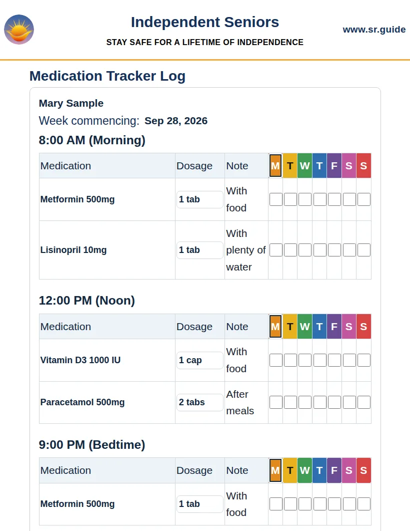 The printed Medication Tracker Log for the week: a box for each dose, grouped by time of day, with each day’s colour