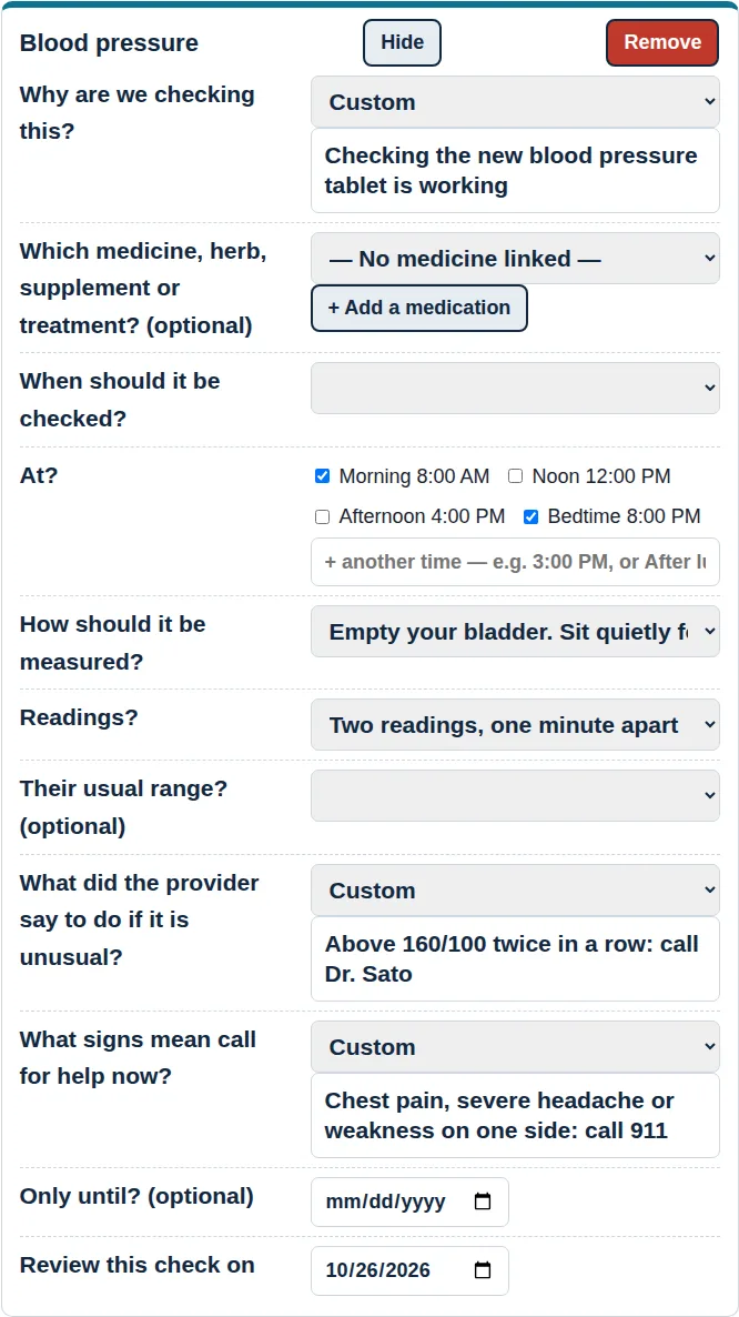 A blood pressure check on the Vital Signs Planner: why it is checked, morning and bedtime, how to measure, two readings a minute apart, and what to do if it is unusual